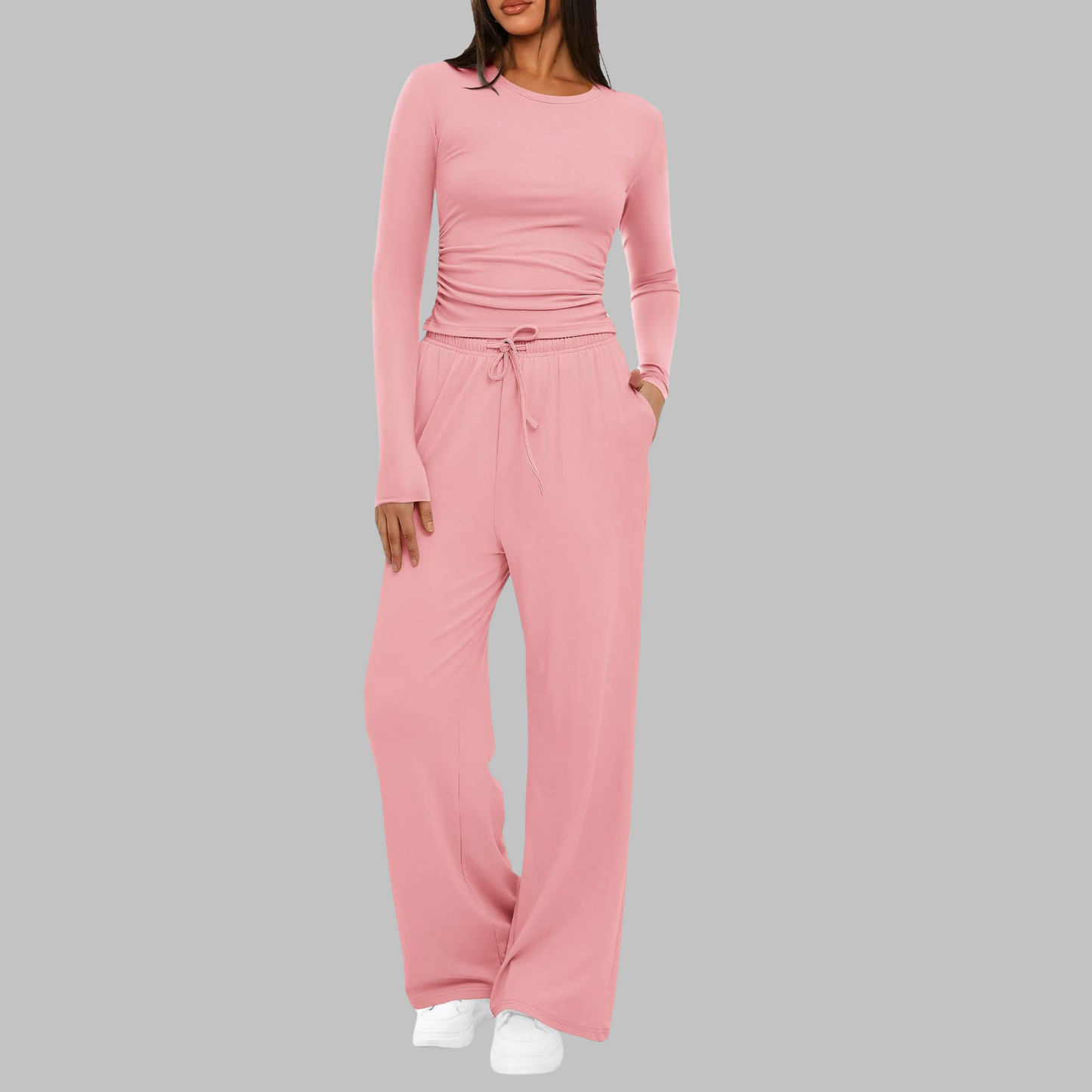Women's pink long sleeve top and wide leg pants two-piece set