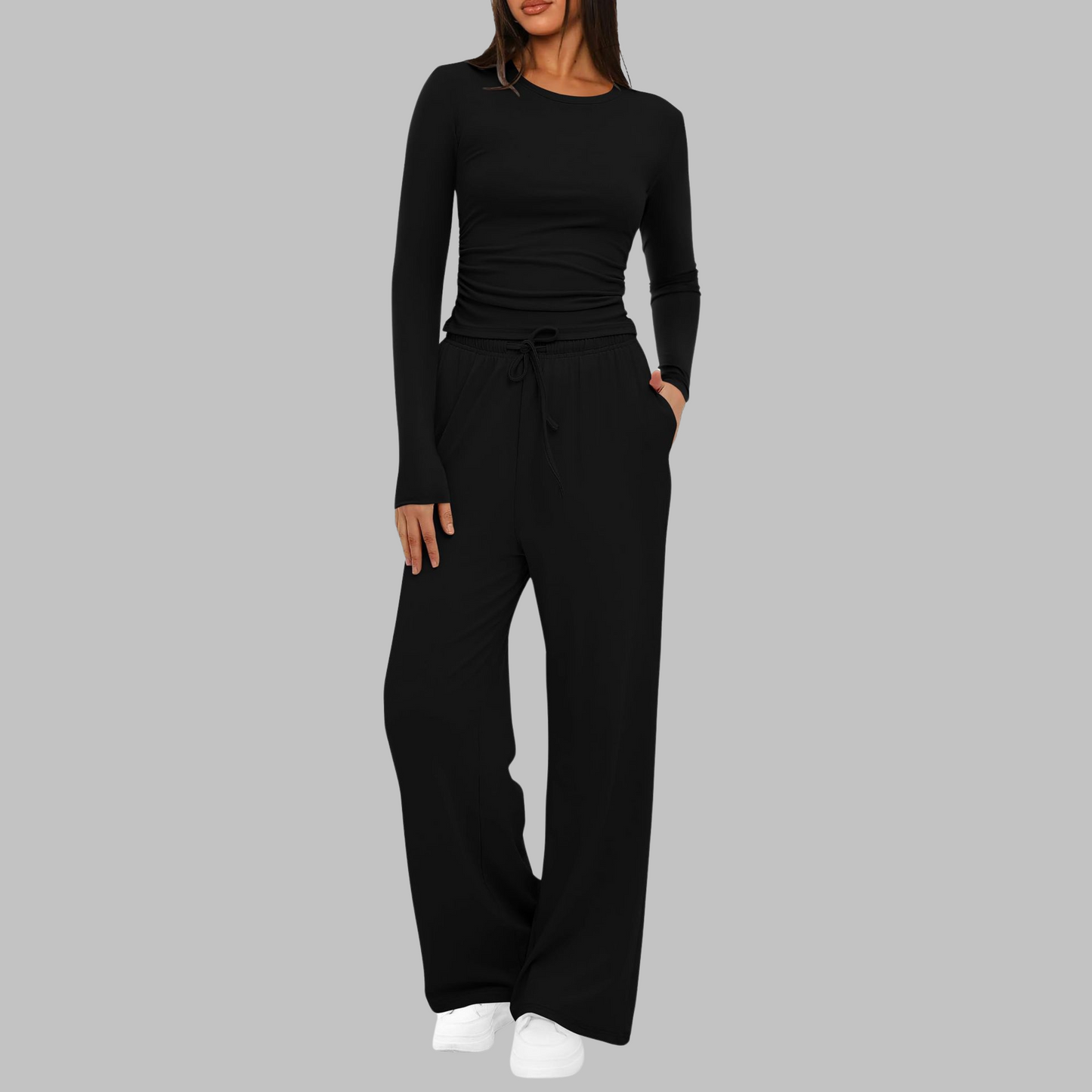 Women's pink long sleeve top and wide leg pants two-piece set