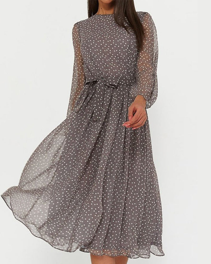 Women’s Loose Polka Dot Dress Knee Length A Line Long Sleeve Elegant Casual Everyday Dress 0