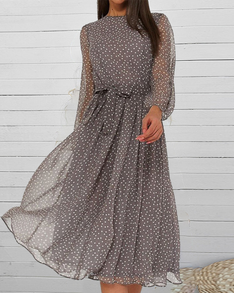 Women’s Loose Polka Dot Dress Knee Length A Line Long Sleeve Elegant Casual Everyday Dress 1