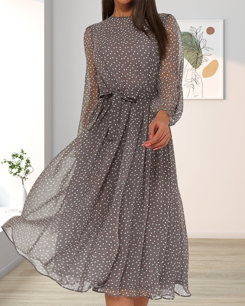 Women’s Loose Polka Dot Dress Knee Length A Line Long Sleeve Elegant Casual Everyday Dress 3
