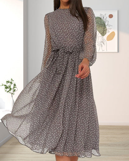 Women’s Loose Polka Dot Dress Knee Length A Line Long Sleeve Elegant Casual Everyday Dress 3