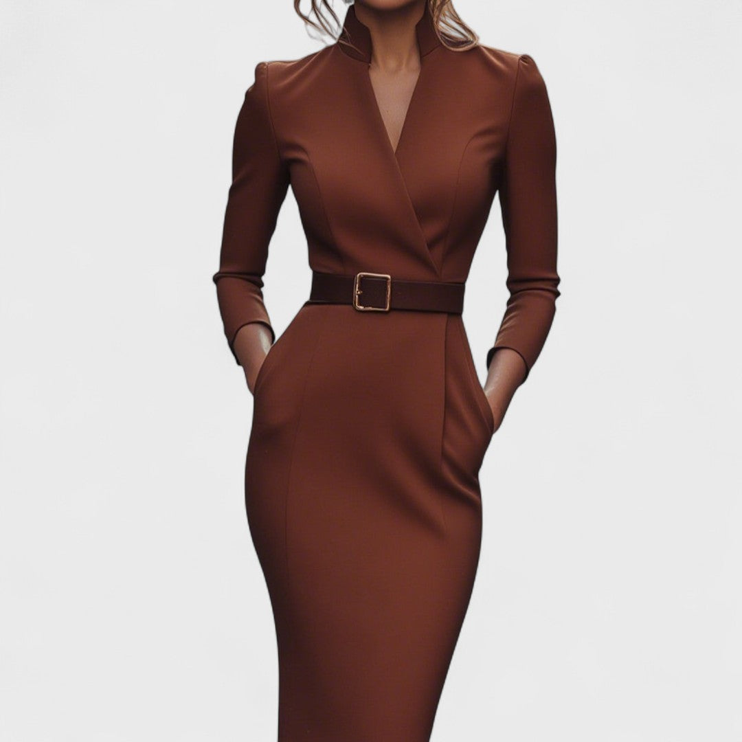 Women's black belted midi dress with mandarin collar