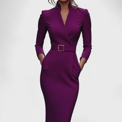 Women's black belted midi dress with mandarin collar