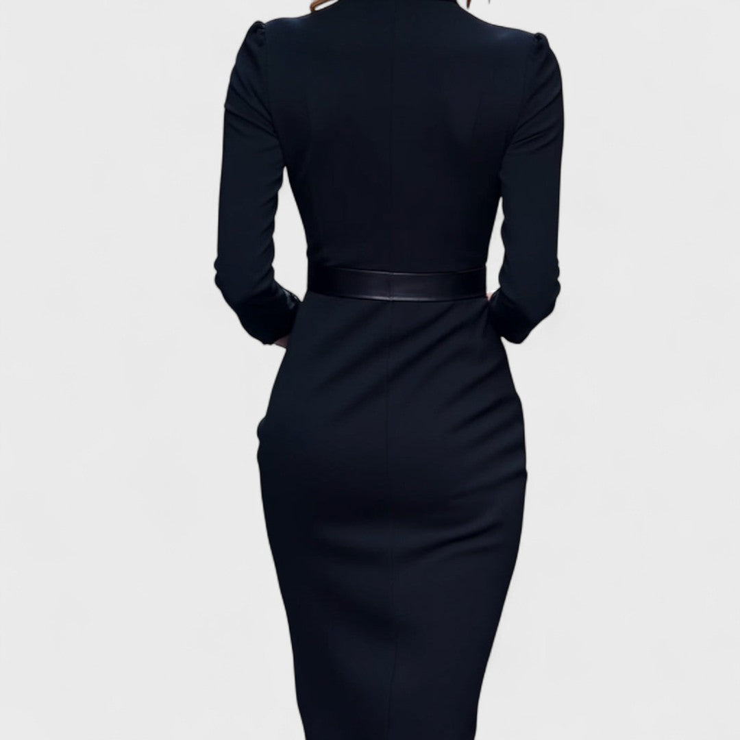 Women's black belted midi dress with mandarin collar