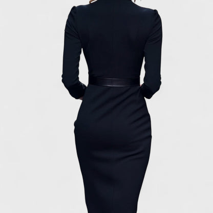 Women's black belted midi dress with mandarin collar