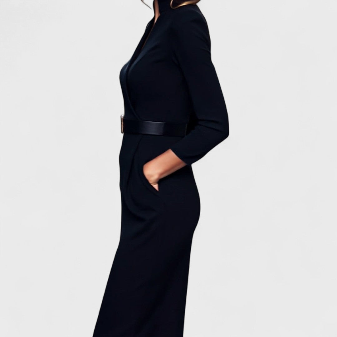 Women's black belted midi dress with mandarin collar