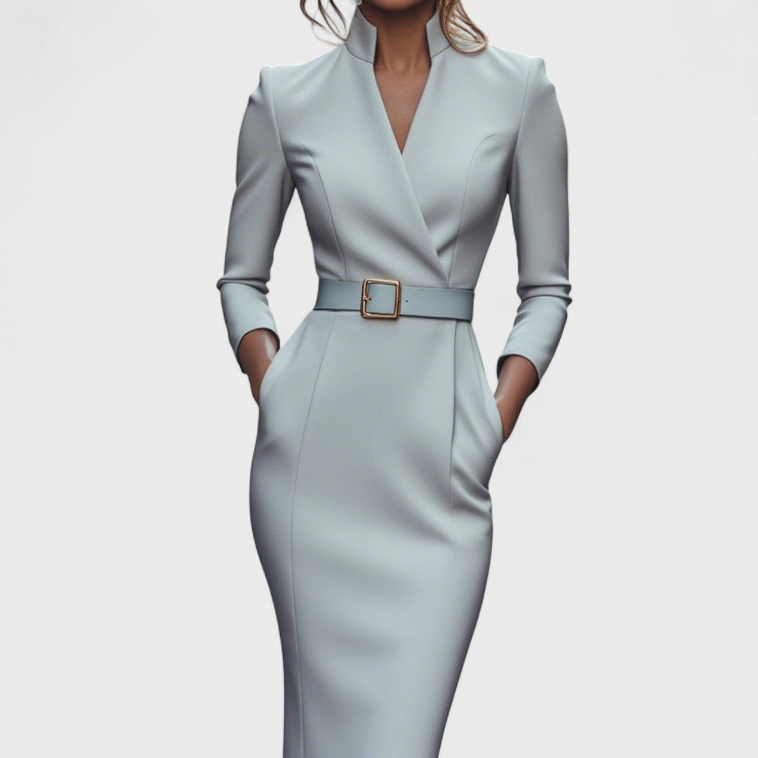 Women's navy blue belted midi dress with mandarin collar