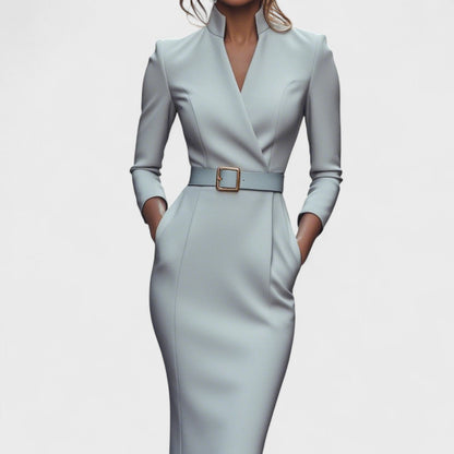 Women's navy blue belted midi dress with mandarin collar