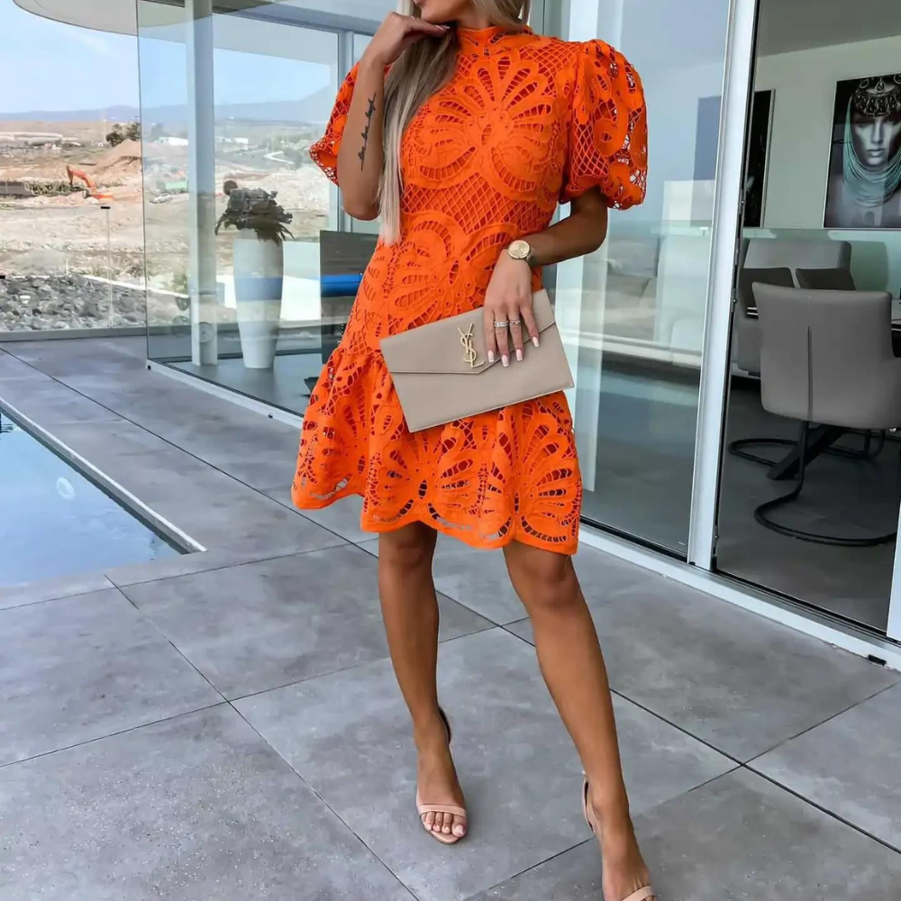 Women's Mini Dress Puff Sleeve Ruffle Hem 0