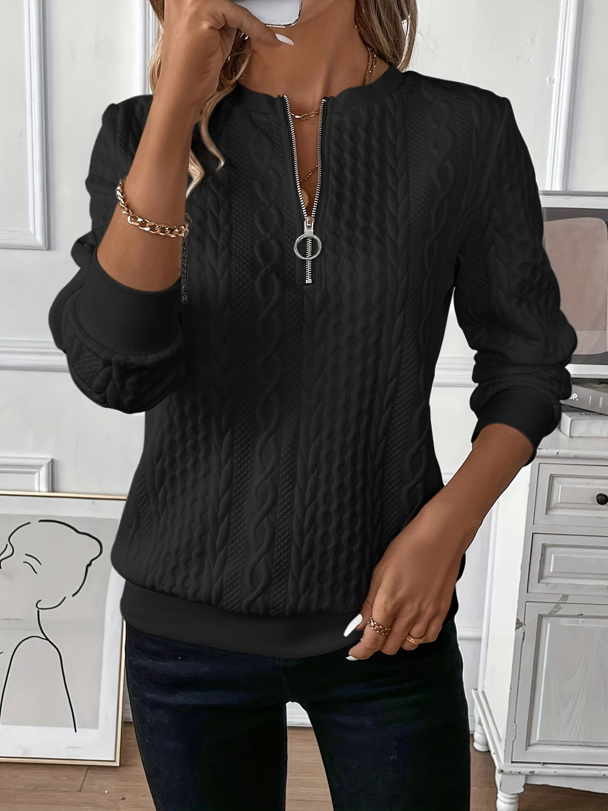 Women's cable knit sweater with zip collar in white