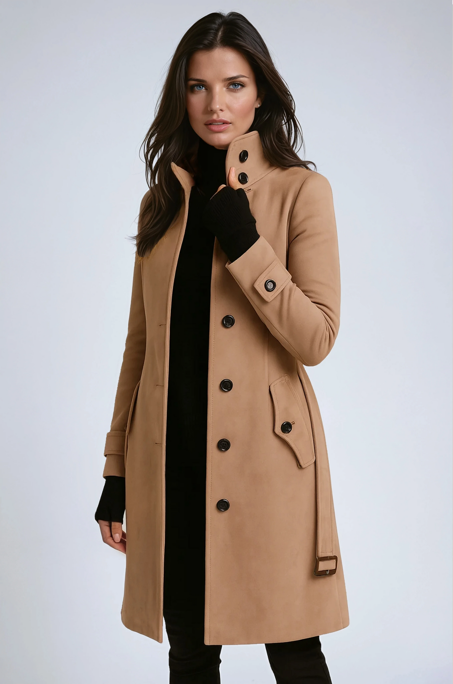 Women's khaki tailored long coat with stand collar