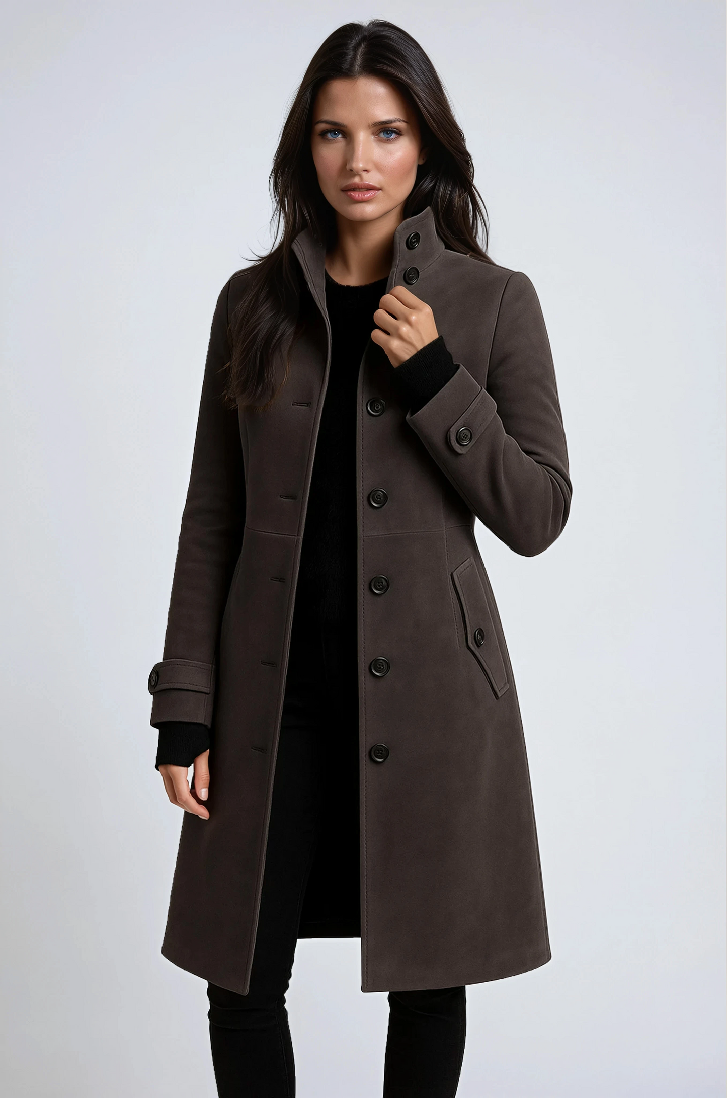 Women's khaki tailored long coat with stand collar