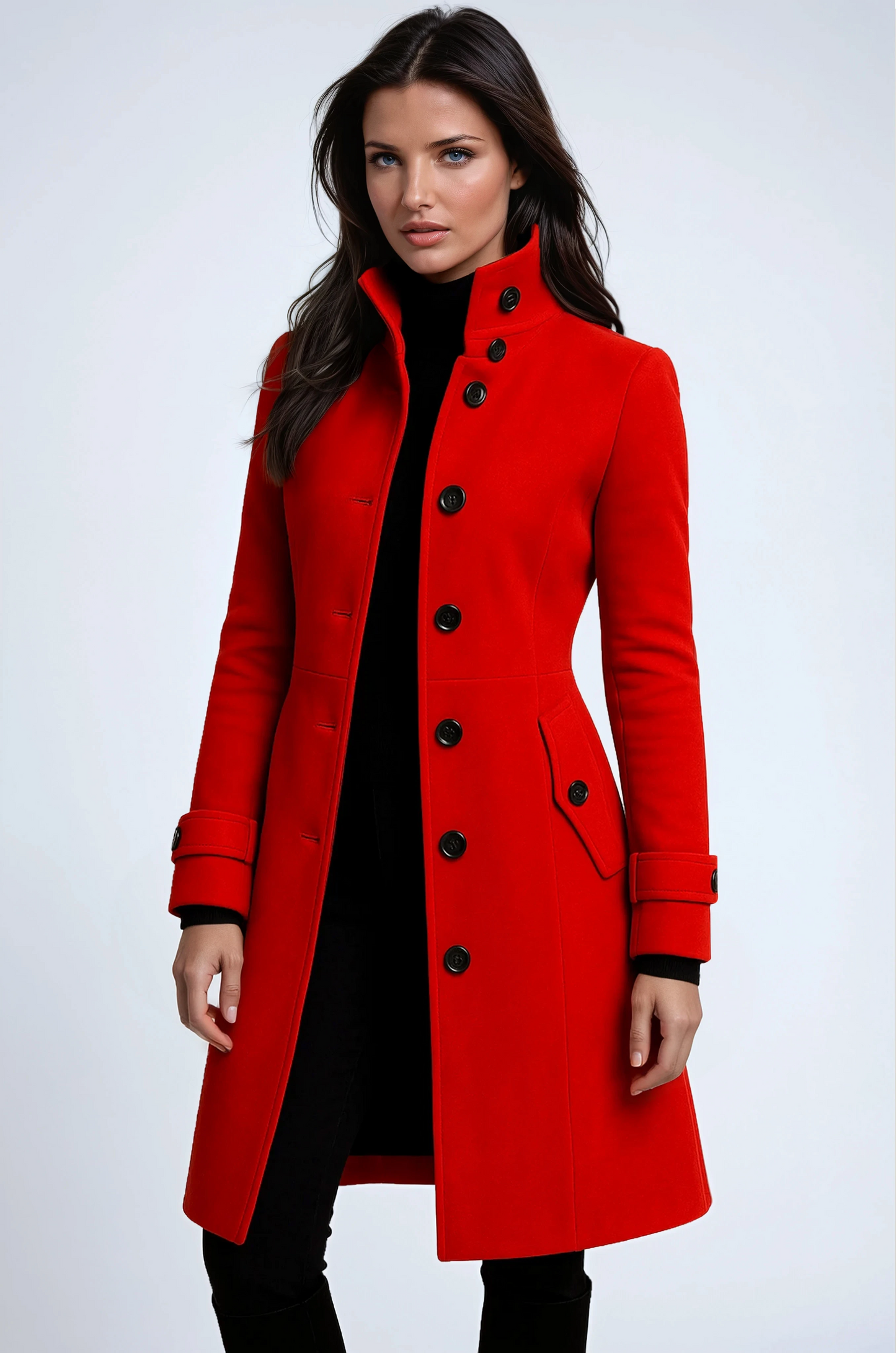 Women's khaki tailored long coat with stand collar