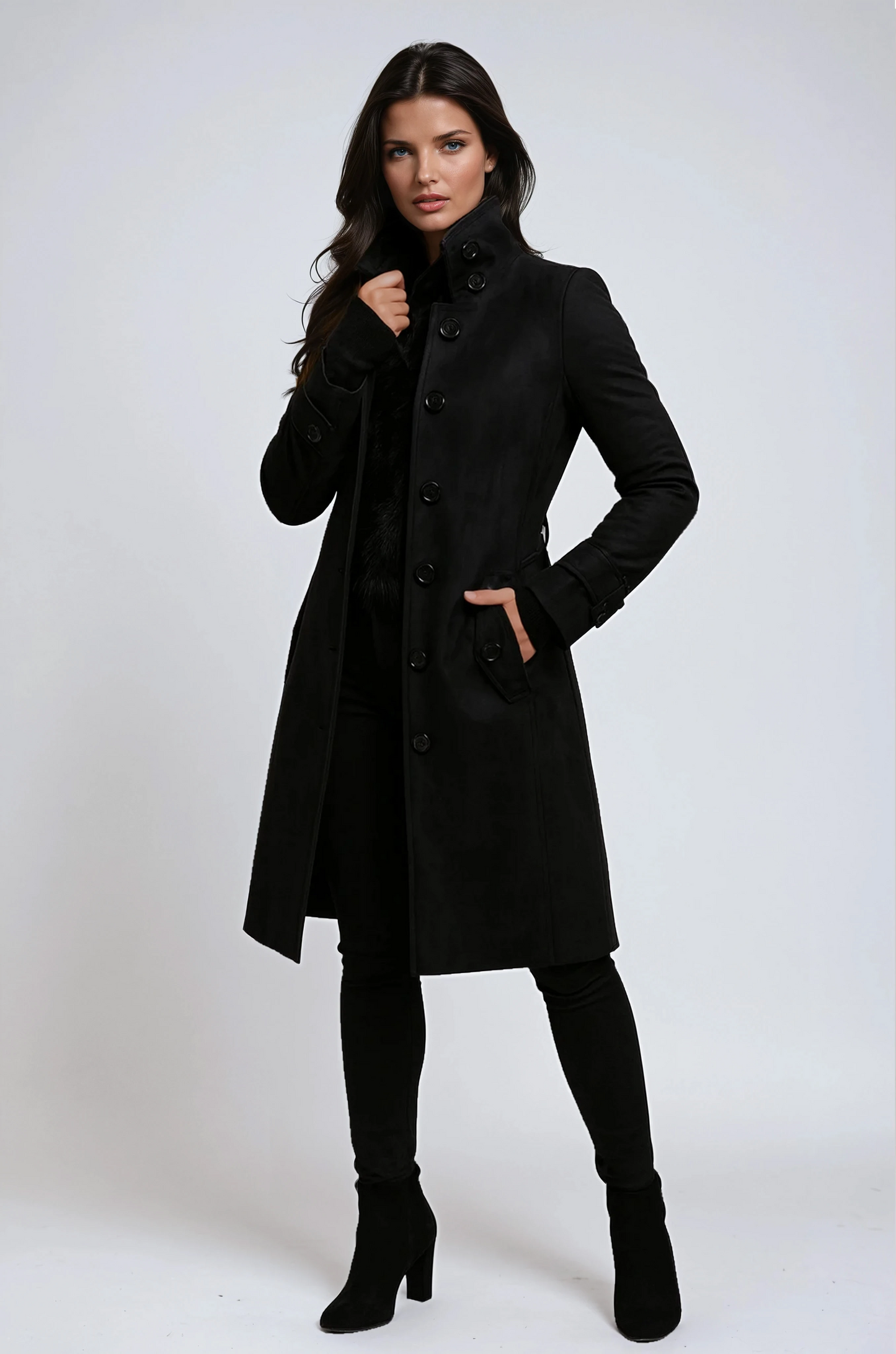Women's khaki tailored long coat with stand collar