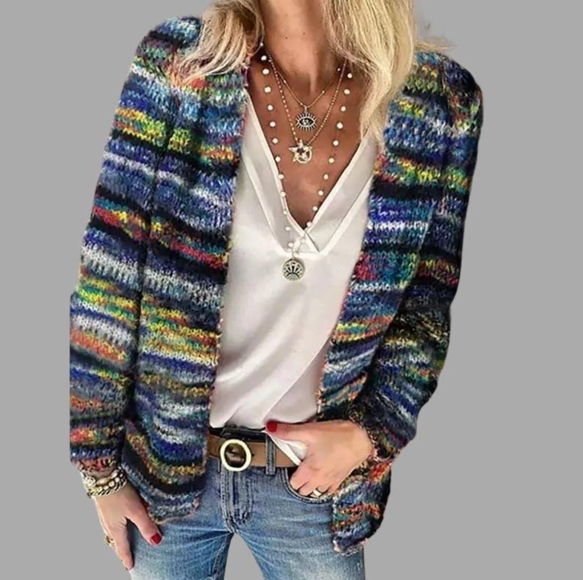 Women's multicolor striped open-front cardigan in blue