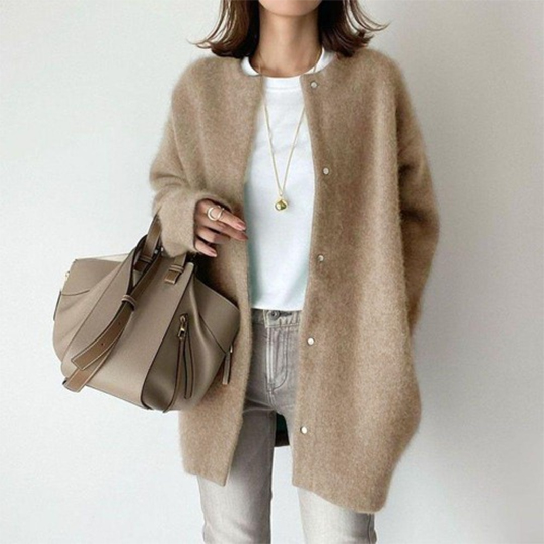 Women's khaki long open front knit cardigan