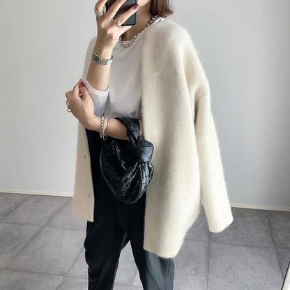 Women's khaki long open front knit cardigan