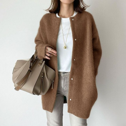Women's khaki long open front knit cardigan