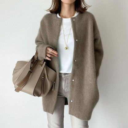 Women's khaki long open front knit cardigan