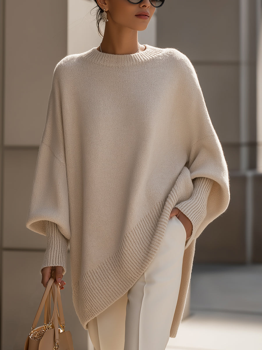 Women's beige oversized poncho sweater with batwing sleeves