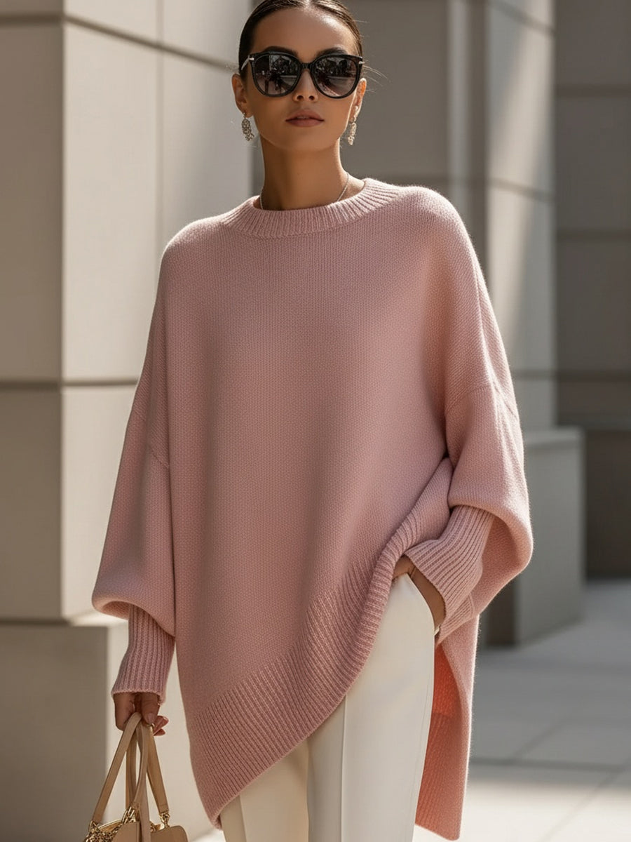 Women's beige oversized poncho sweater with batwing sleeves