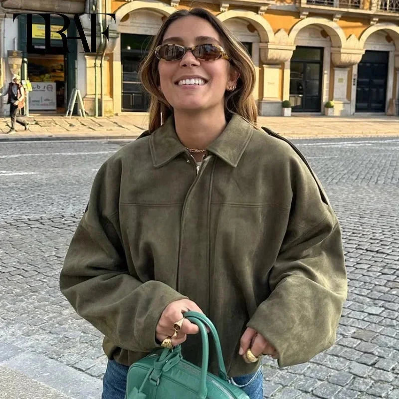 Women's oversized faux suede bomber jacket in black