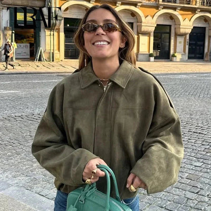 Women's oversized faux suede bomber jacket in black