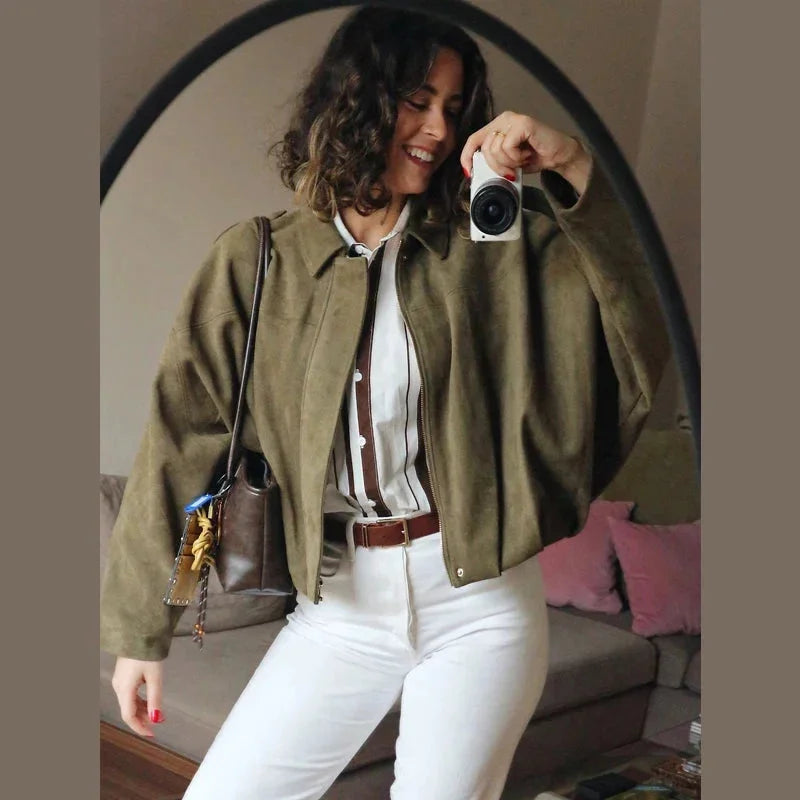 Women's oversized faux suede bomber jacket in black