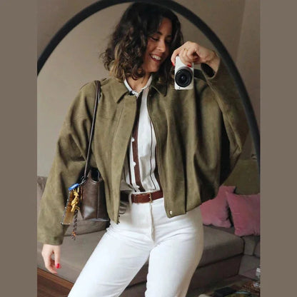 Women's oversized faux suede bomber jacket in black