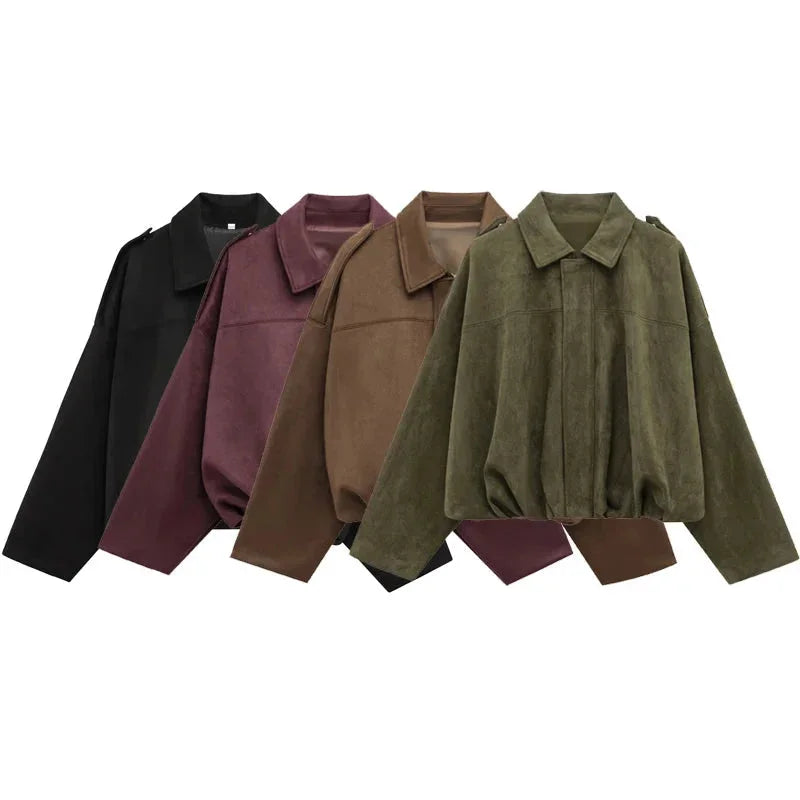 Women's oversized faux suede bomber jacket in black