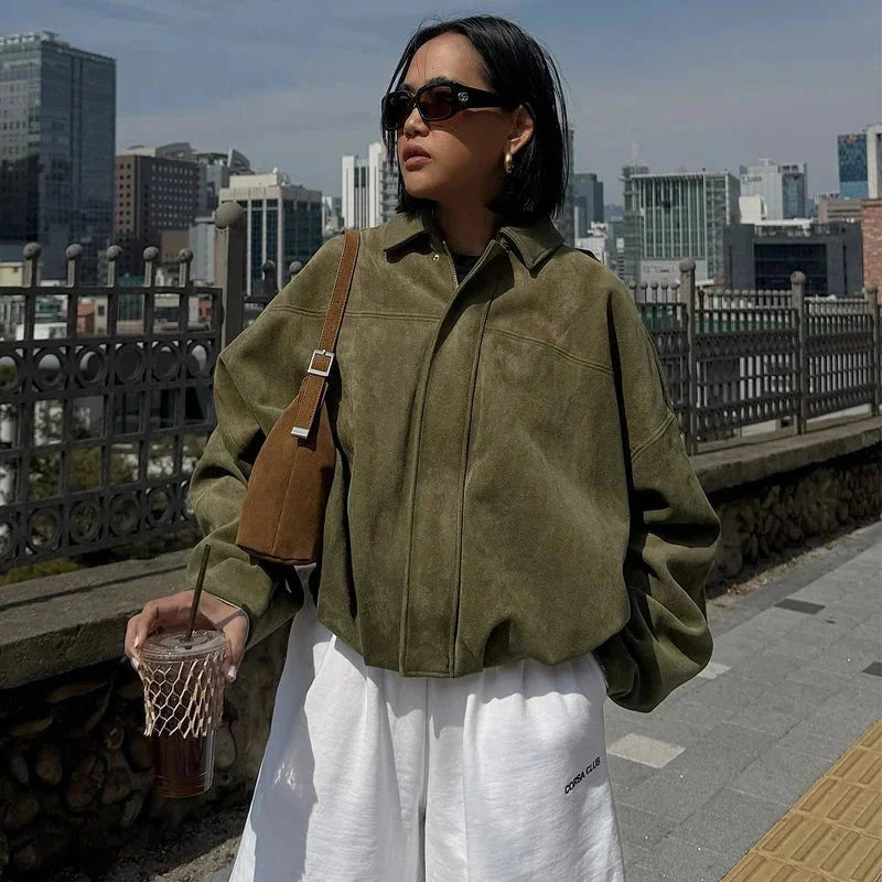 Women's oversized faux suede bomber jacket in black