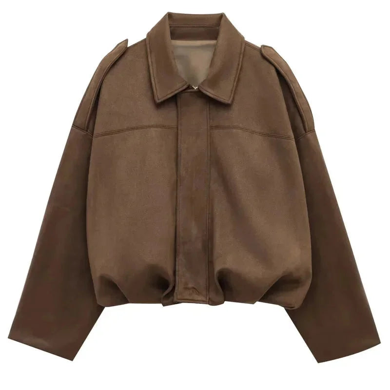 Women's oversized faux suede bomber jacket in brown
