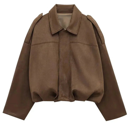 Women's oversized faux suede bomber jacket in brown