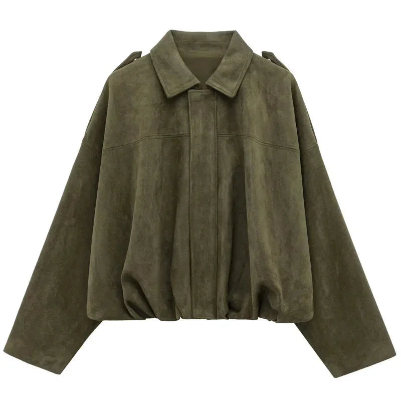 Women's oversized faux suede bomber jacket in green