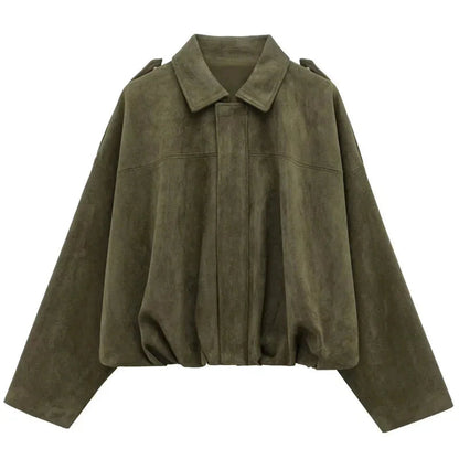 Women's oversized faux suede bomber jacket in green
