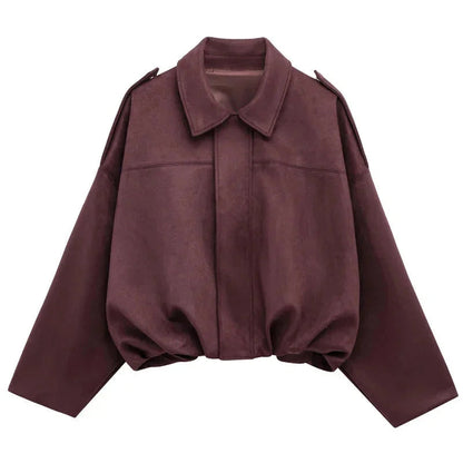 Women's oversized faux suede bomber jacket in burgundy