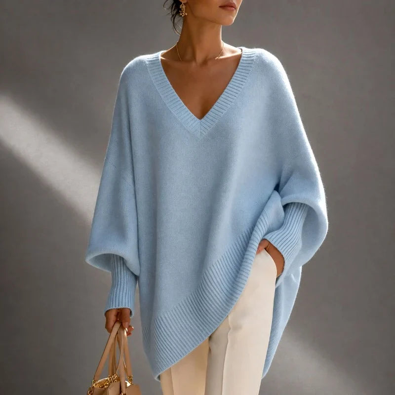 Women's light blue oversized batwing V-neck sweater