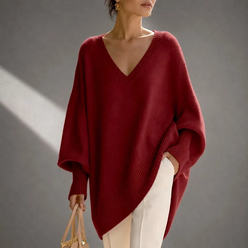 Women's burgundy oversized batwing V-neck sweater