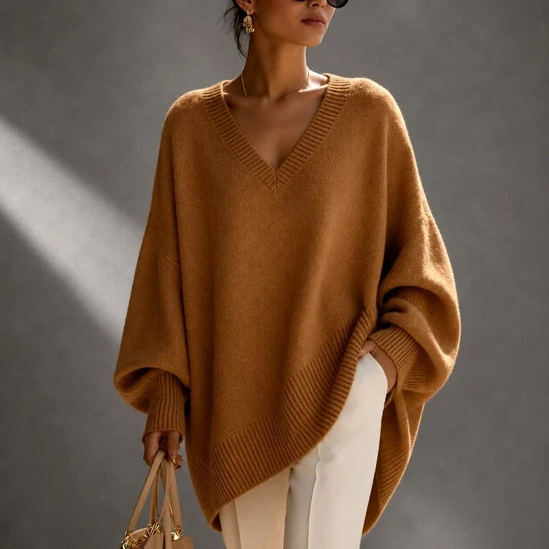 Women's camel oversized batwing V-neck sweater