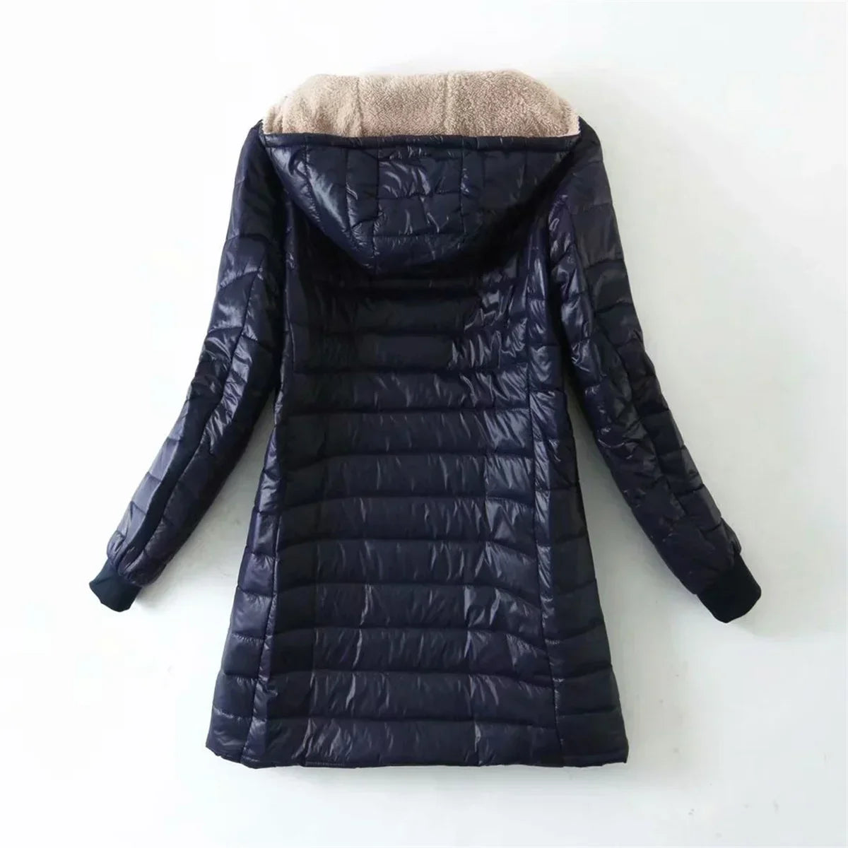 Women's long hooded puffer jacket with sherpa lining