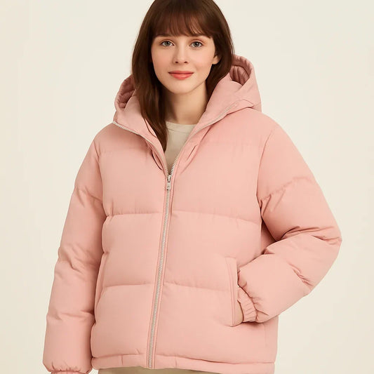 Women's pink short hooded puffer jacket