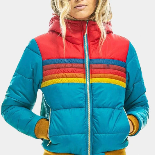 Women's turquoise retro stripe puffer jacket
