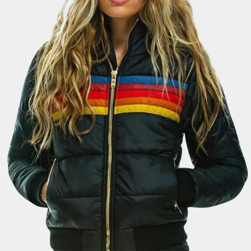 Women's black retro stripe puffer jacket
