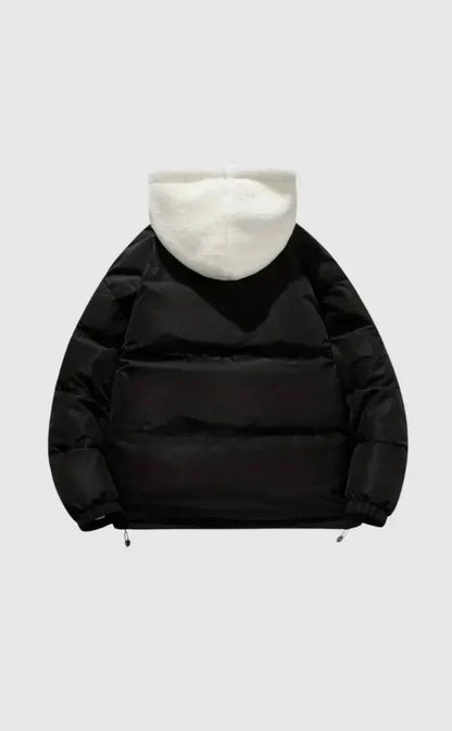 Women's puffer jacket with sherpa-lined hood