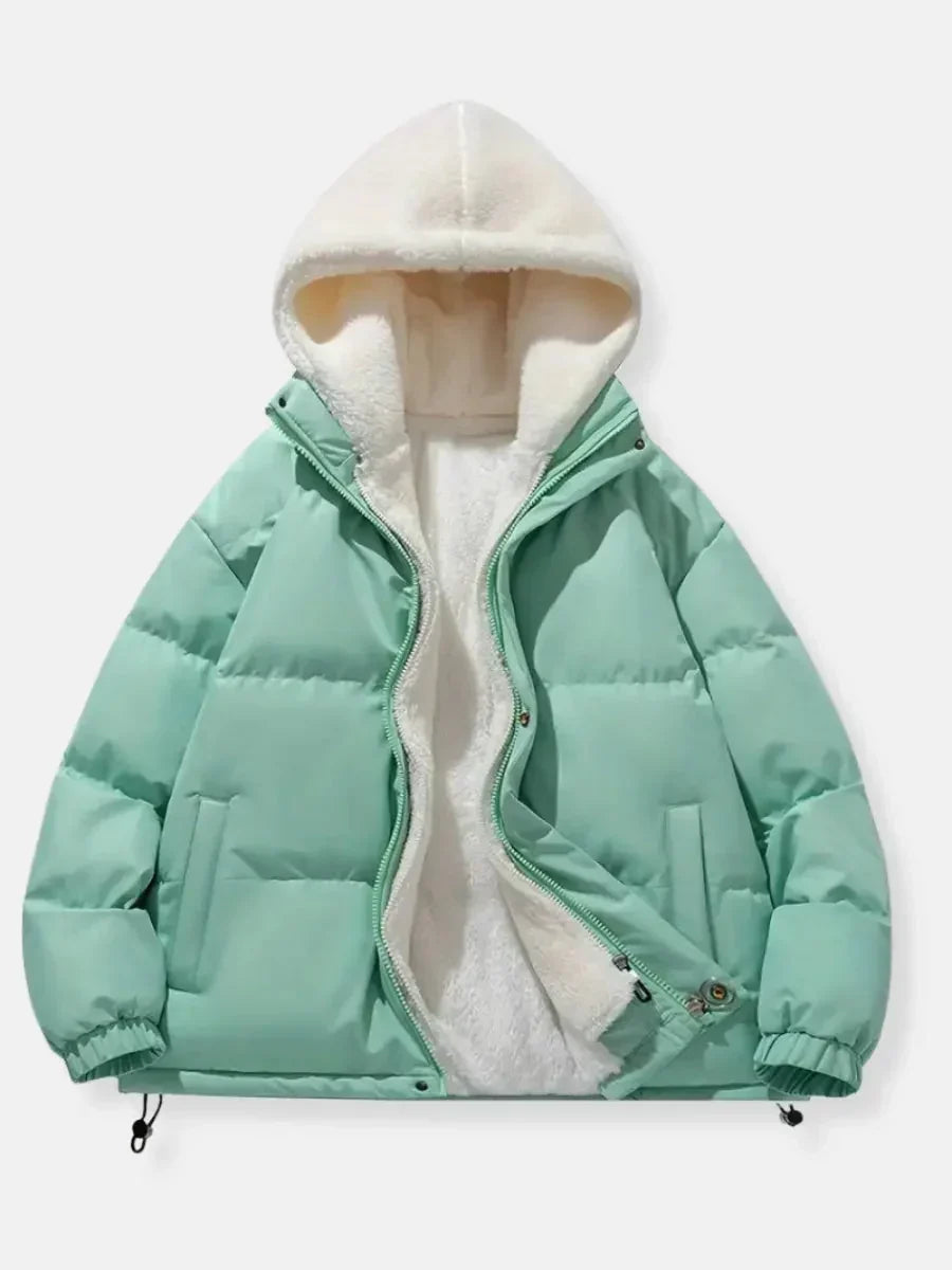 Women's mint green puffer jacket with sherpa-lined hood