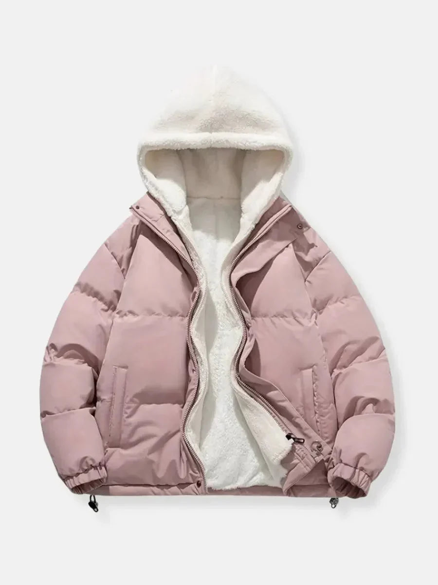 Women's blush puffer jacket with sherpa-lined hood