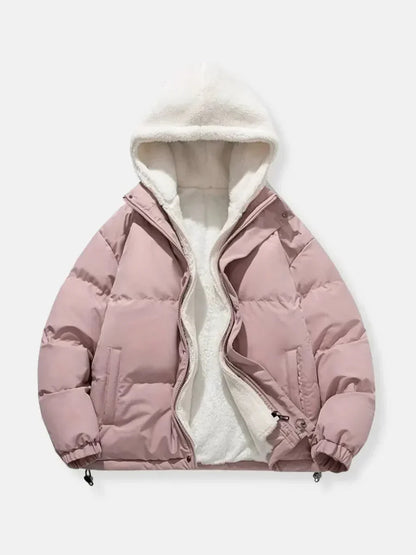Women's blush puffer jacket with sherpa-lined hood