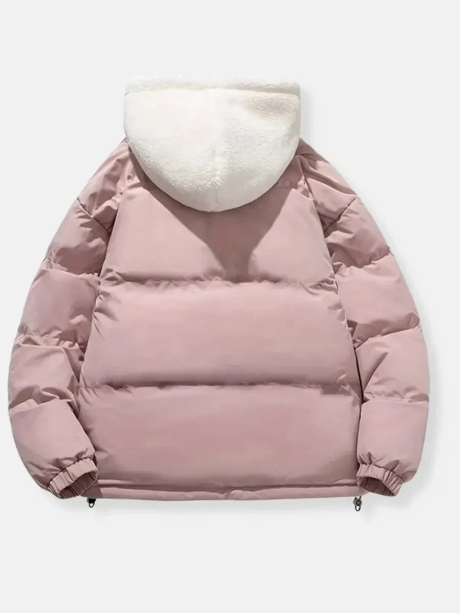 Women's puffer jacket with sherpa-lined hood