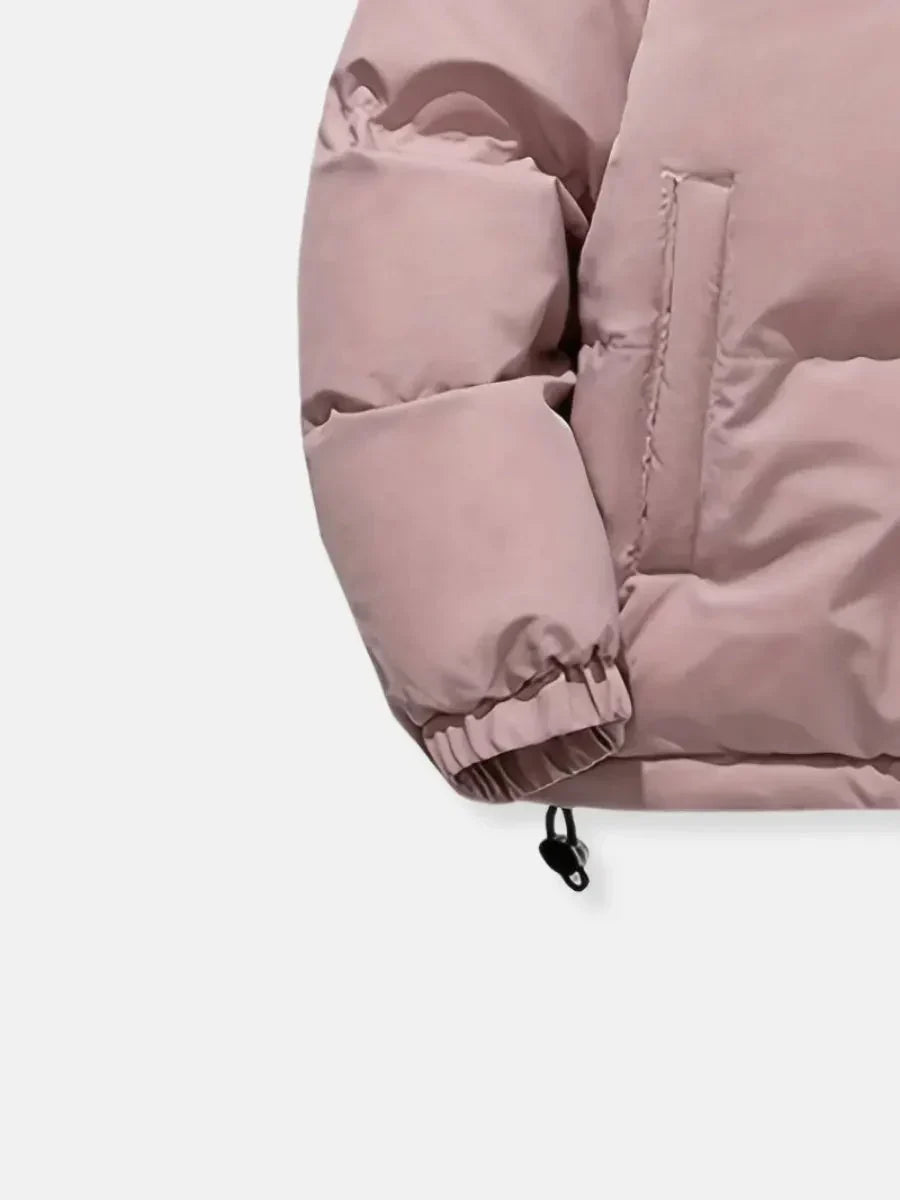 Women's puffer jacket with sherpa-lined hood